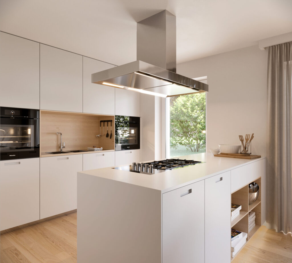 Innenraumvisualisierung einer weißen Küche mit Küchenblock.