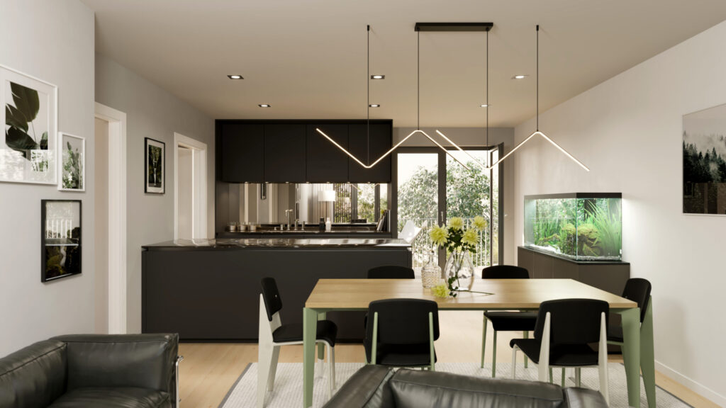 Innenraumvisualisierung einer schwarzen Küche mit Küchenblock und Jean Prouve Stühlen. Darstellung eines modernen Wohnens.
