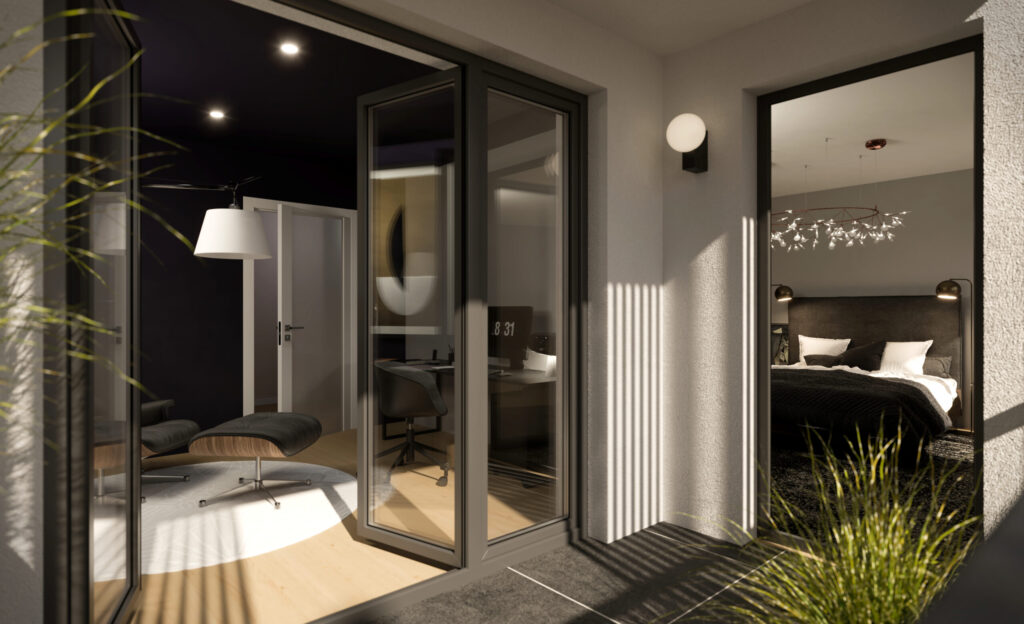 3d-Visualisierung einer 4-Zimmerwohnung vom Balkon aus in Richtung Schlafzimmer und Hobbyraum.